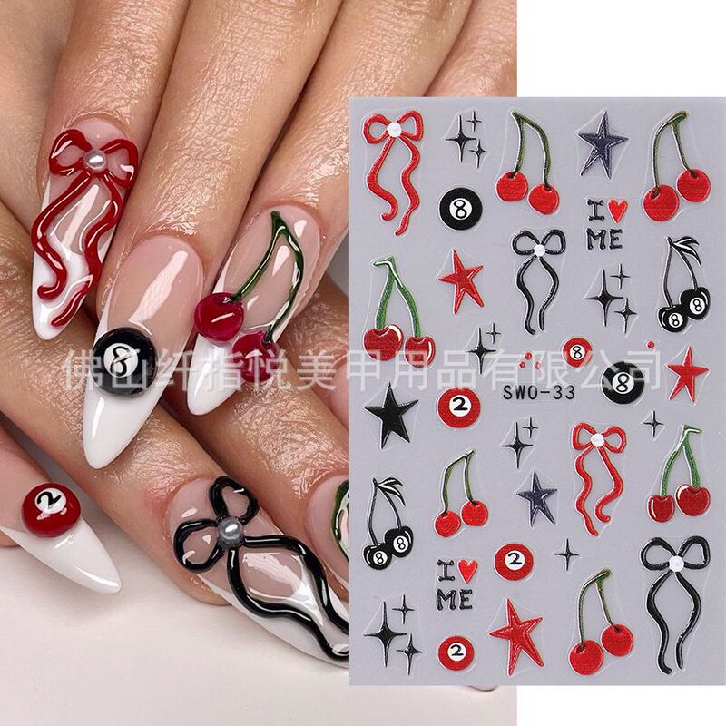 Cross-border new nail art stickers wholesale ins cherry bow stars flame adhesive nail decals decorations