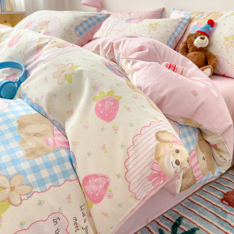 Temporada escolar cama de dibujos animados de cuatro piezas algodón puro algodón 2025 nueva funda edredón sábana dormitorio juego de tres piezas