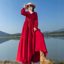 秋冬季新款民族风长袖V领蕾丝花边红色抽绳显瘦连衣裙大摆长裙女