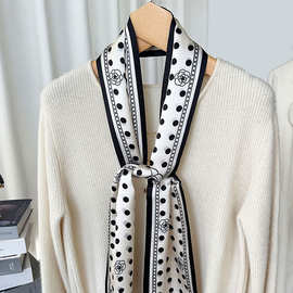 黑色波点白花朵氛围感新款细窄长领巾杭州缎面双层双面桑蚕丝领