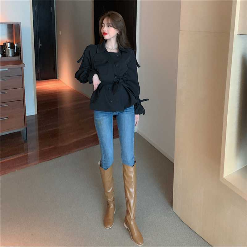 실제 사진과 실제 가격  한국 스타일 타이 허리 기질 윈드브레이커 슬림핏 패셔너블 카디건 재킷 여성용