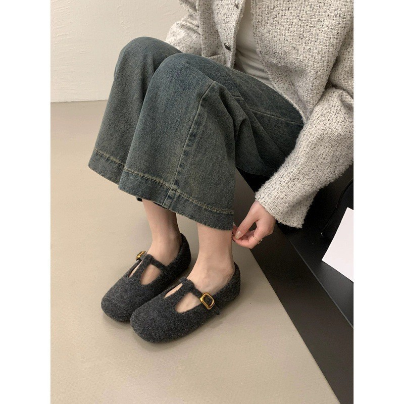 法式平底浅口单鞋复古玛丽珍毛毛鞋女2025秋季新款灰色豆豆鞋|undefined