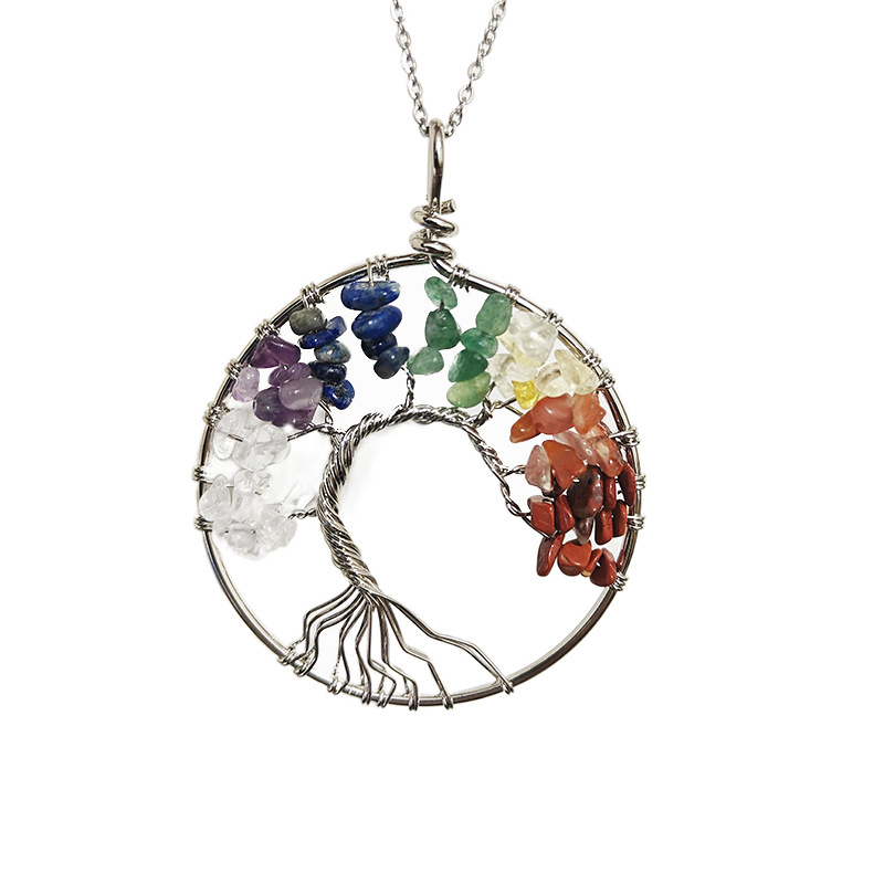 7-color Reiki Natural Stone Crystal Gravel Pachira Macrocarpa Hand-wound Tree Of Life Pendant Necklace Ornament display picture 2