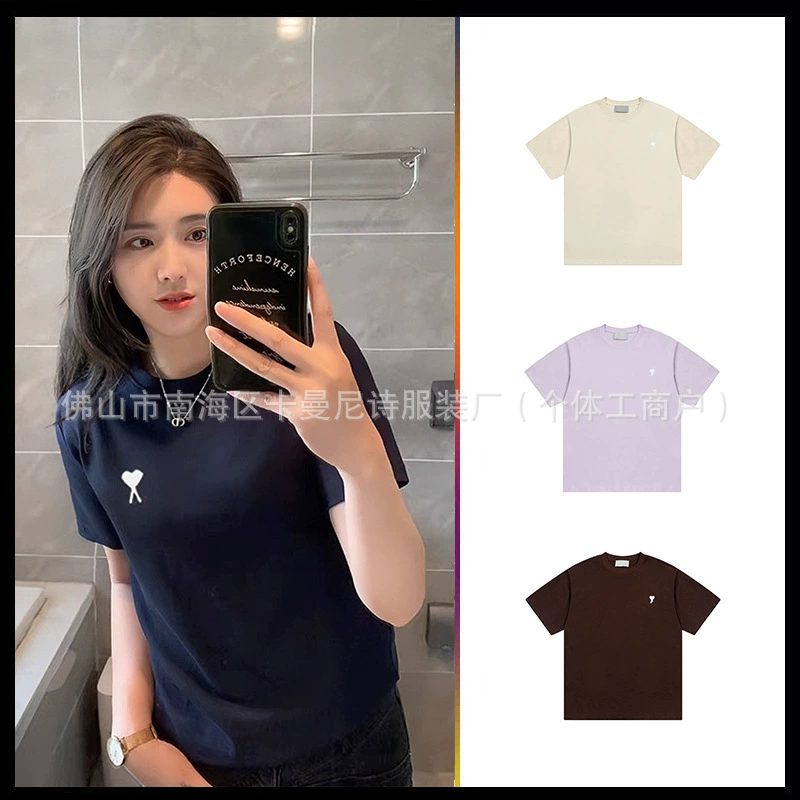 2025 новый AMI белый маленький любящий с круглым вырезом с короткими рукавами, дикая простая повседневная хлопковая футболка для мужчин и женщин