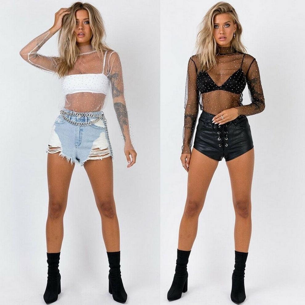 Women's Transparent Lace Mesh Top With Sequins See Through Stylish Layering Trendy Base Layer Top_ecoleips.com