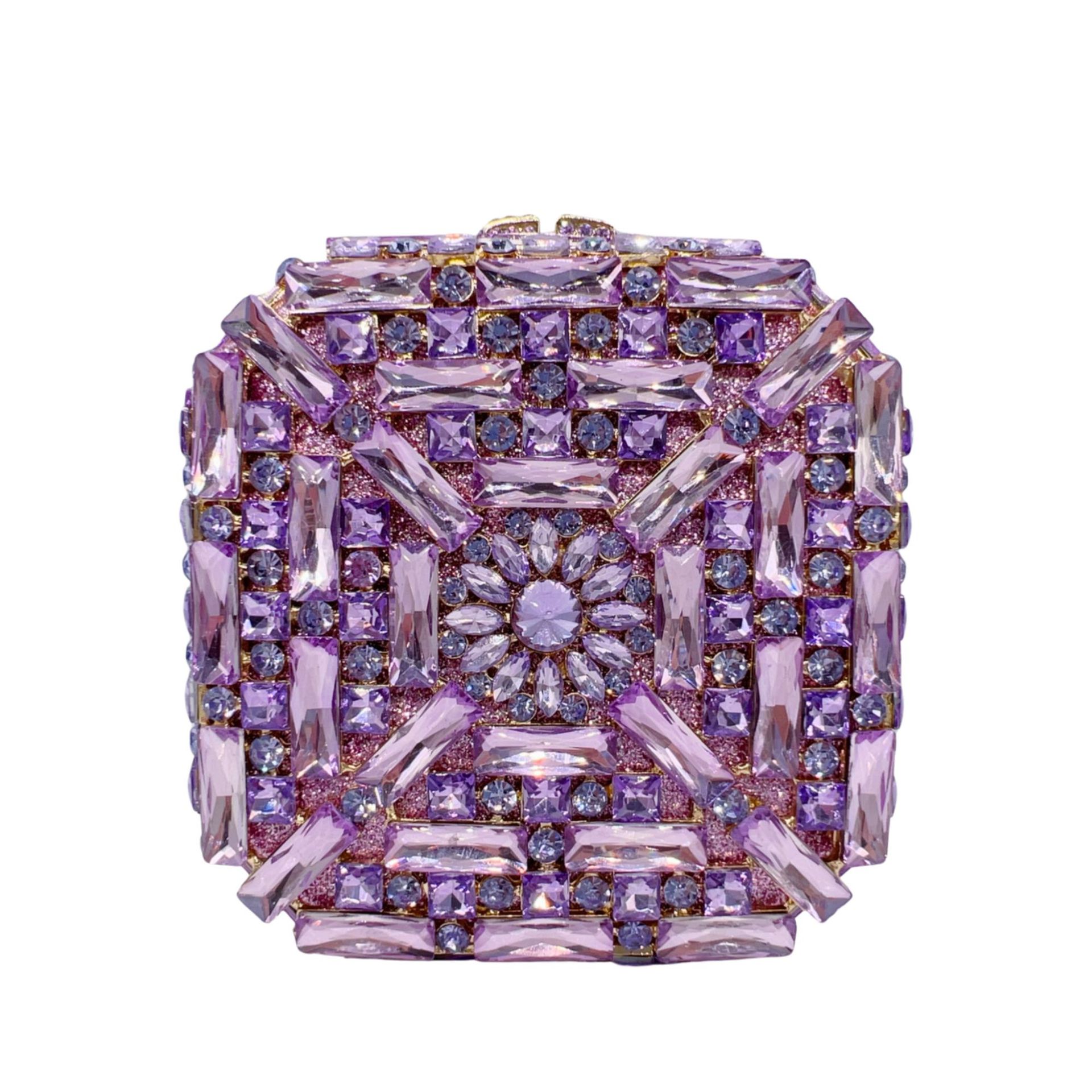 Túi clutch dạ tiệc hộp vuông nhỏ đính đá lấp lánh — Hoa violet, Màu hồng, Màu bạc, Màu xanh ngọc chi tiết 4