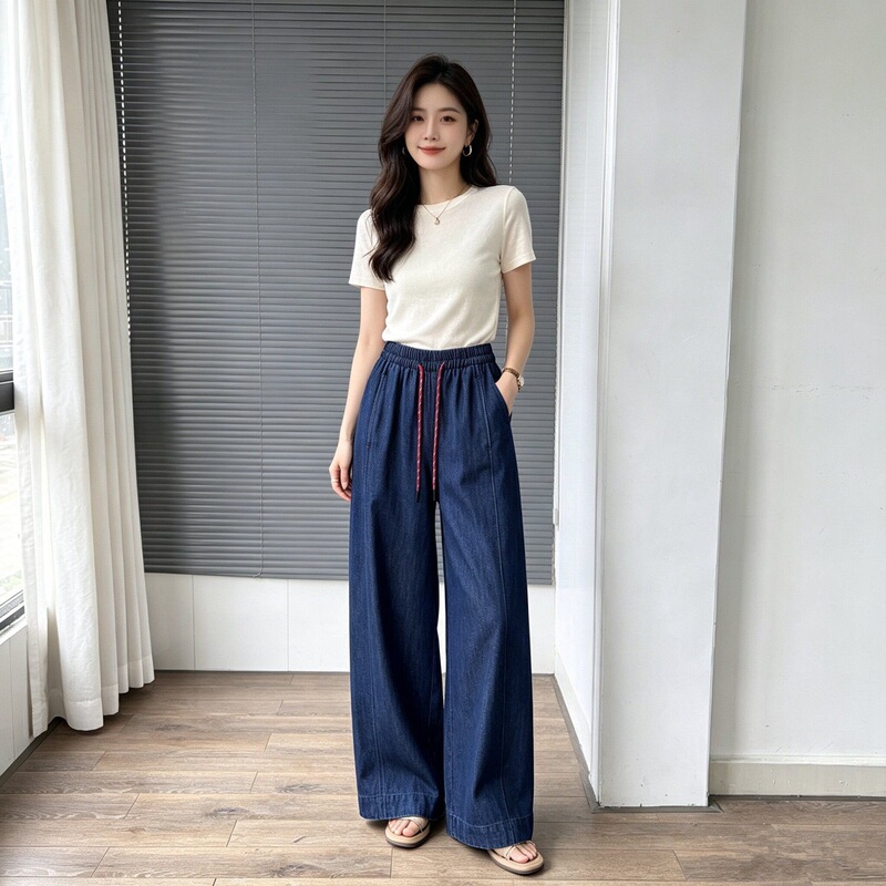 Retro Old Money Style~Tencel Drawstring High-Waisted Loose Wide-Leg Balloon Jeans for Women Casual Long Pants Summer H060108