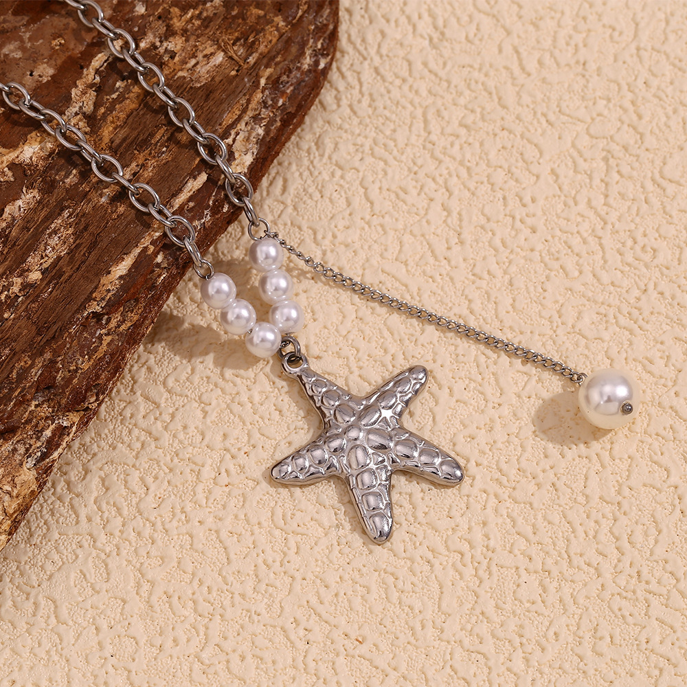 Starfish Imitation Pearl Fringe Stainless Steel Pendant Necklace
