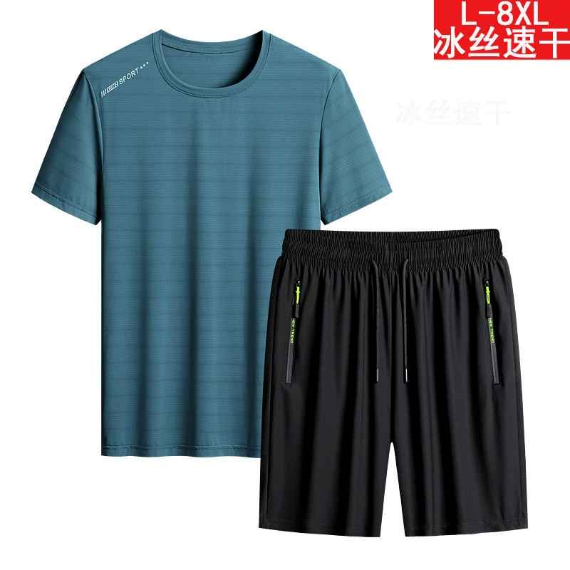 Летний тонкий ледяной шелк, Быстросохнущий Спортивный костюм больших размеров, Мужская одежда для утренних тренировок для бега, Свободные повседневные брюки, футболка с короткими рукавами