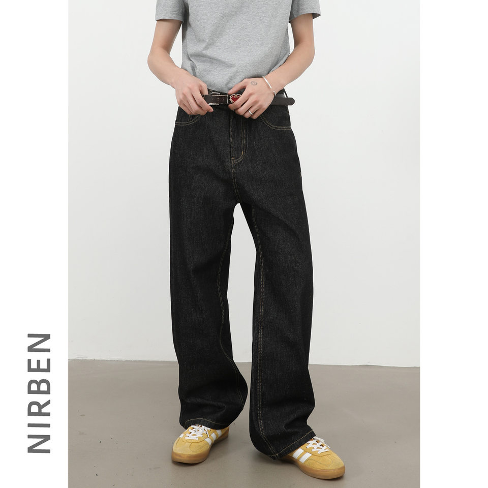Quần jean nam ống rộng lưng giữa form suông thoải mái phong cách cơ bản — Denim đen, màu xanh denim