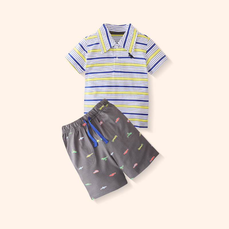 2025 verano nuevos pantalones cortos de manga corta de moda casual para niños traje camisa POLO a rayas traje de dos piezas