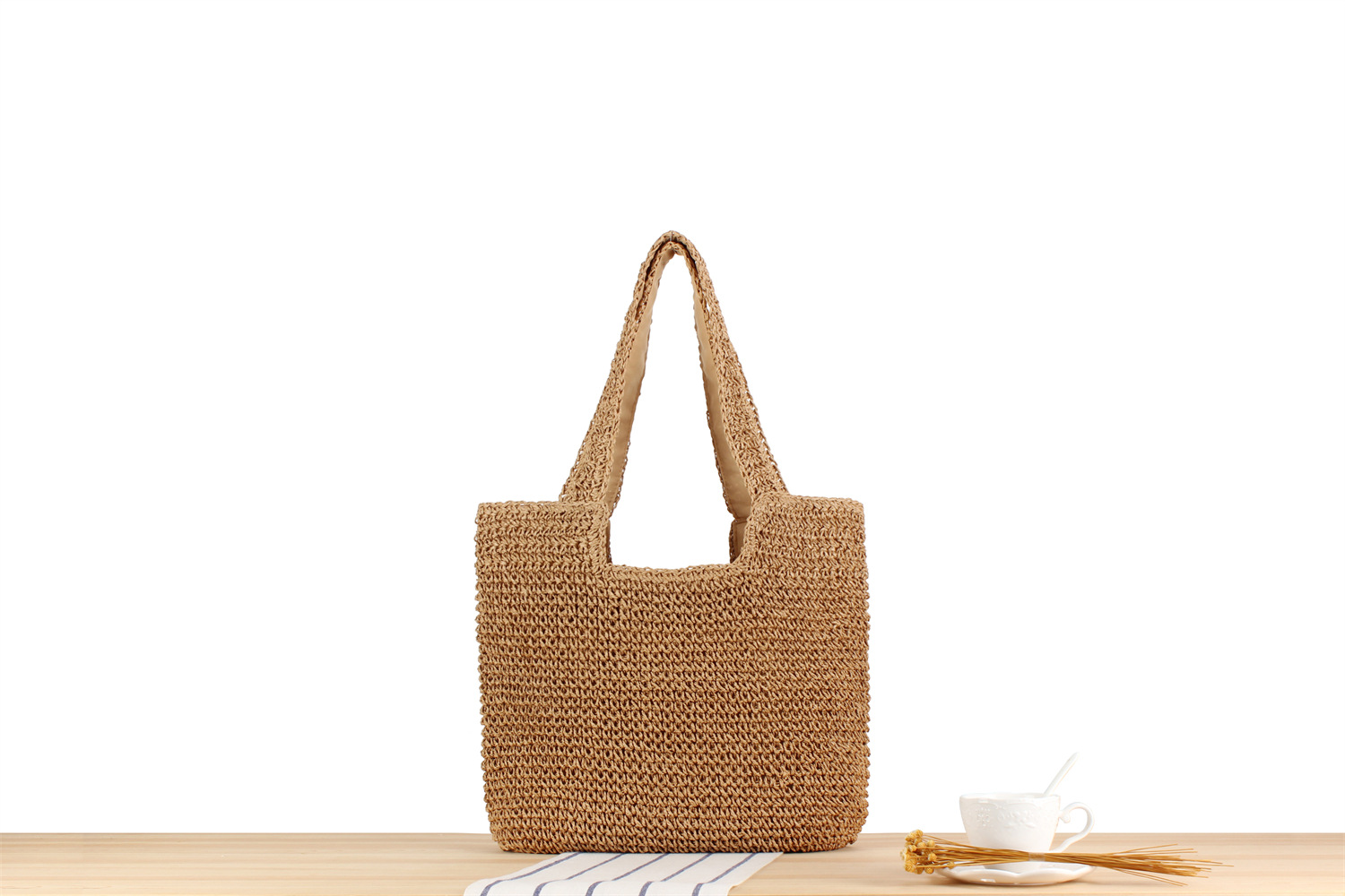 Weave Fashion Element Women's Beach Classic Style Solid Color Paper String Shopping Bags