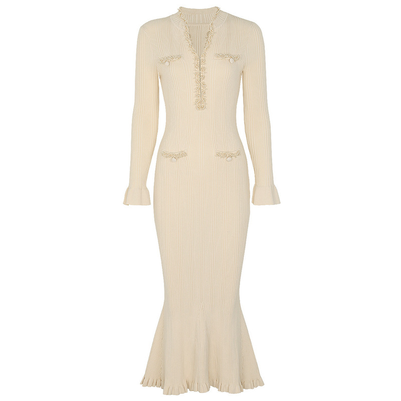 25200 Spot High-Quality Autumn and Winter New Fashion Knitted V Neck Slimming Look Handmade Beaded Long-Sleeved Dress
