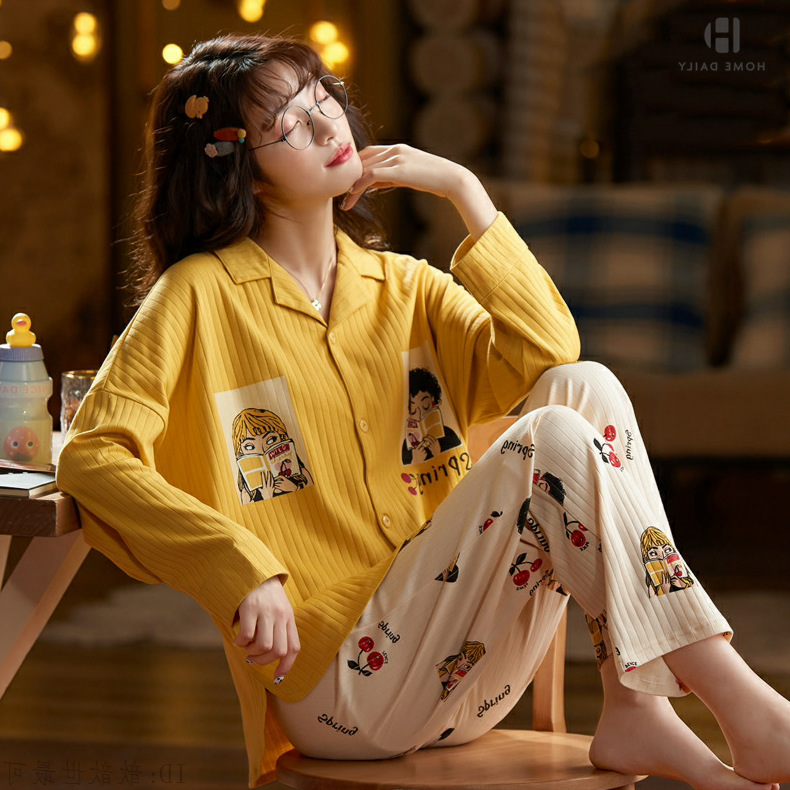 Chubby Girl % algodón más el tamaño de los pijamas de las mujeres de primavera y otoño traje dulce de manga larga cardigan ropa para el hogar de invierno