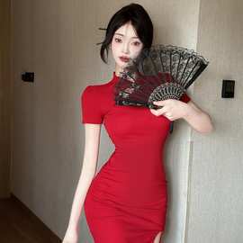 新中国风时尚改良日常旗袍款包臀收腰短袖弹力连衣裙