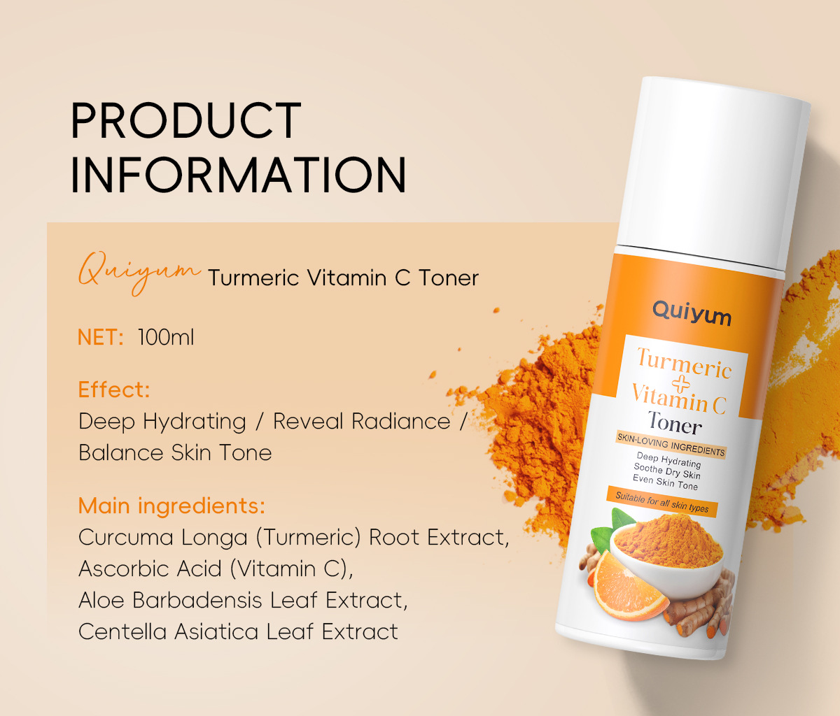 Cross-border new product QUIYUM Turmeric Vitamin c Toner 100ml for hydrating and moisturizing the face is available for wholesale from the manufacturer undefined