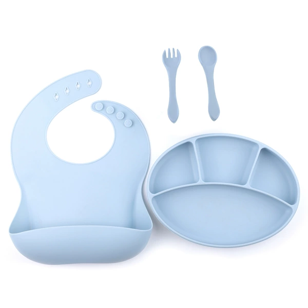 Blue set, bib, dinner plate, fork, spoon, 4 pieces