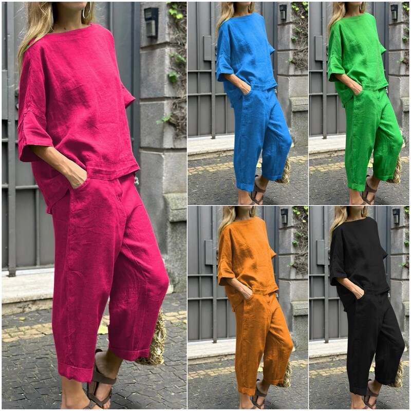 2026 Summer New Cross-Border Amazon Women's 2-Piece Set Plus-Size Cotton-Linen Shirt Set High-Waisted Loose Pants 2026 Summer New Cross-Border Amazon Women's 2-Piece Set Plus-Size Cotton-Linen Shirt Set High-Waisted Loose Pants