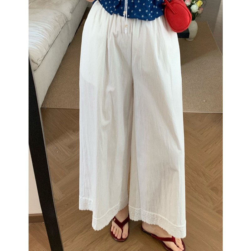 Summer Thin Pure Cotton Pregnant Women Loose White Straight Leg Pants Pregnant Women Lace Stitching Design Wide Leg Pants Drawstring Waist