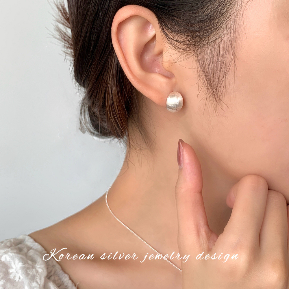 s925純銀拉絲橢圓耳釘女幾何磨砂冷淡風小眾設計高級感耳飾法式