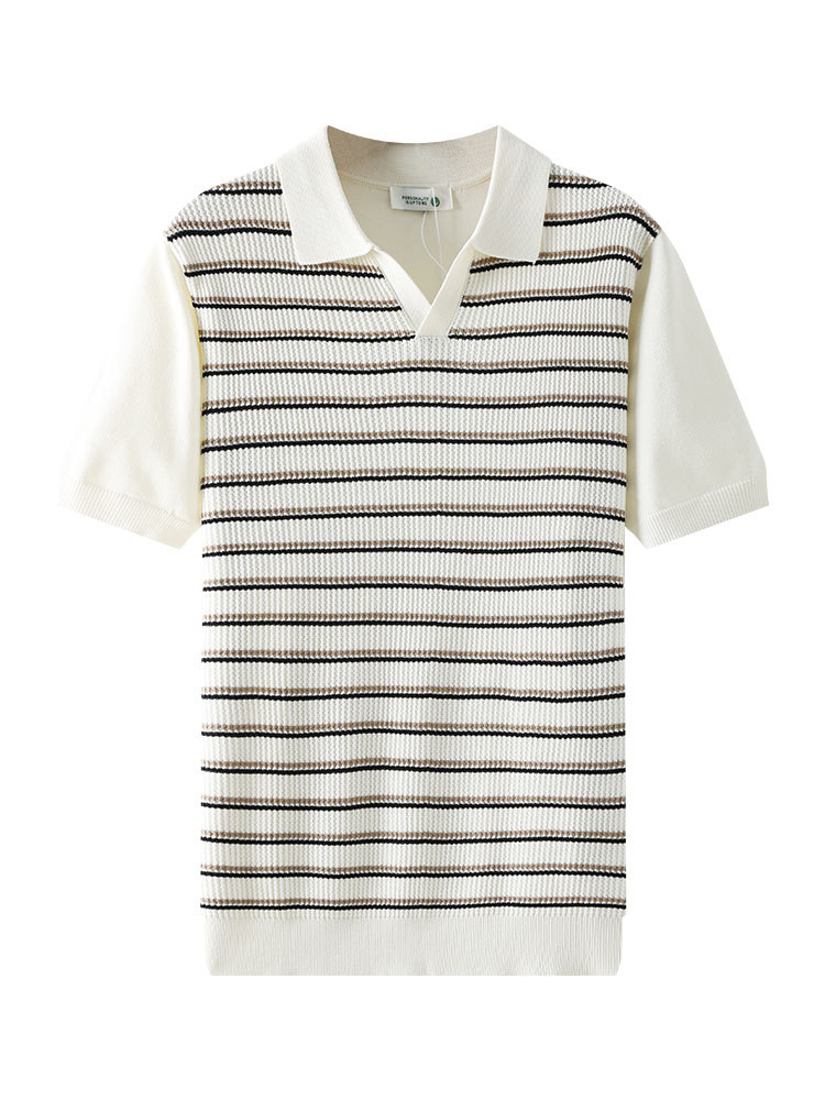 Nuevo lujo ligero viejo estilo de dinero para hombres a rayas de punto polo camisa de hombre con solapa de cuello en V de manga corta de alto nivel de ropa casual para hombres