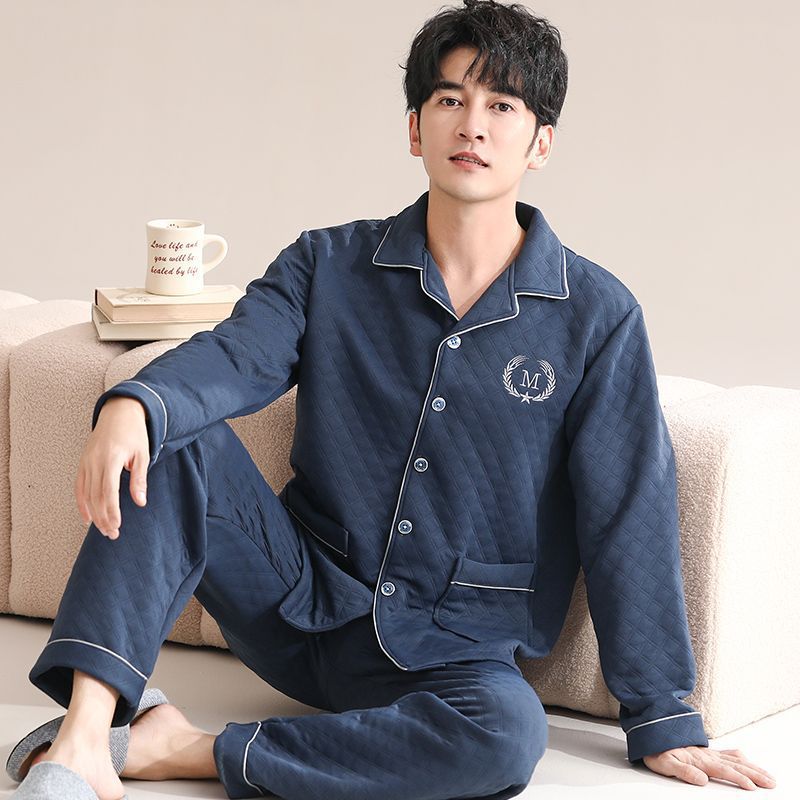 Algodón sándwich calentador hombre pijama otoño invierno engrosado de mediana edad manga larga aire algodón conjunto de ropa para el hogar