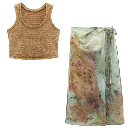 Retro Western-style tie-dyed skirt, women's clothing, summer new national style, new Chinese sexy vest, two-piece set