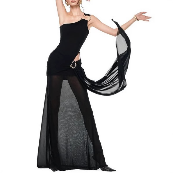 European and American Cross-Border 2025 New Sexy Summer Waist Slim Black Skirt Off-Shoulder One-Line Collar Slanted Shoulder Dress