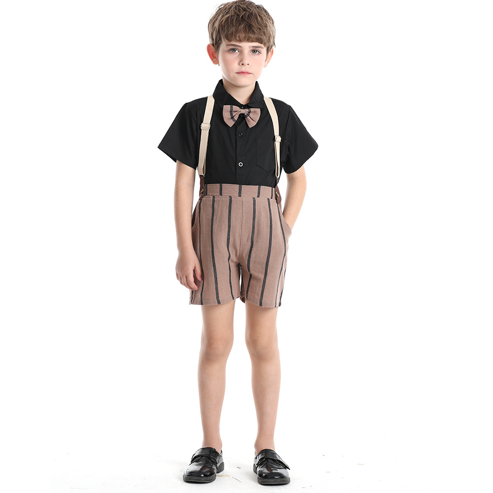 Camiseta de verano para niños con arco de botón de una sola fila Cardigan de mangas cortas pantalones de cinturón rayados dos piezas conjunto de vestido de espectáculo infantil