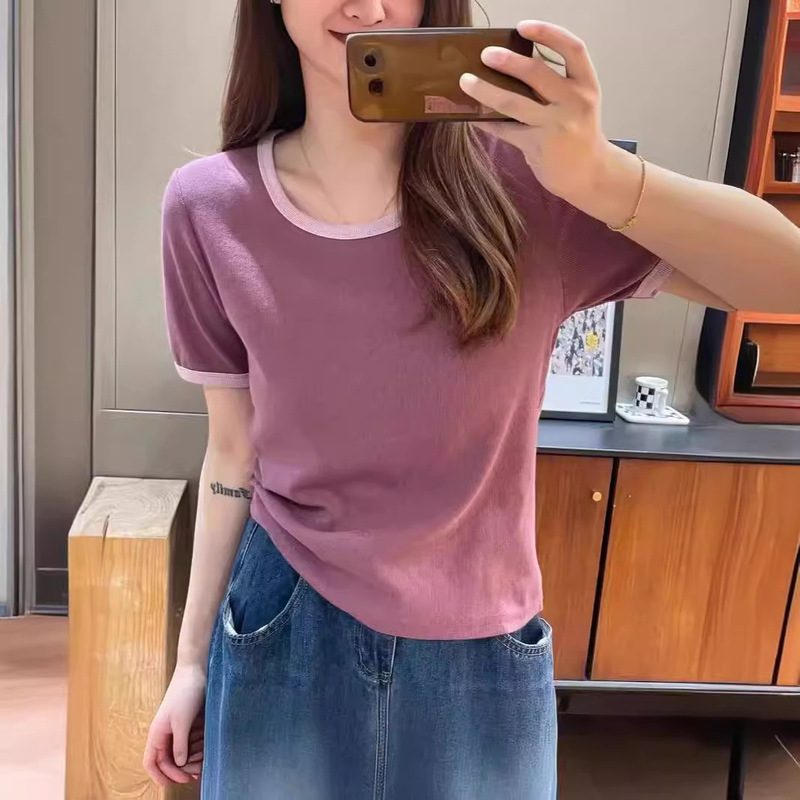 2025 New Color Contrast Shoulder U-Neck Short-Sleeved T-Shirt Women's Fashionable All-Match Slimming Top for Summer