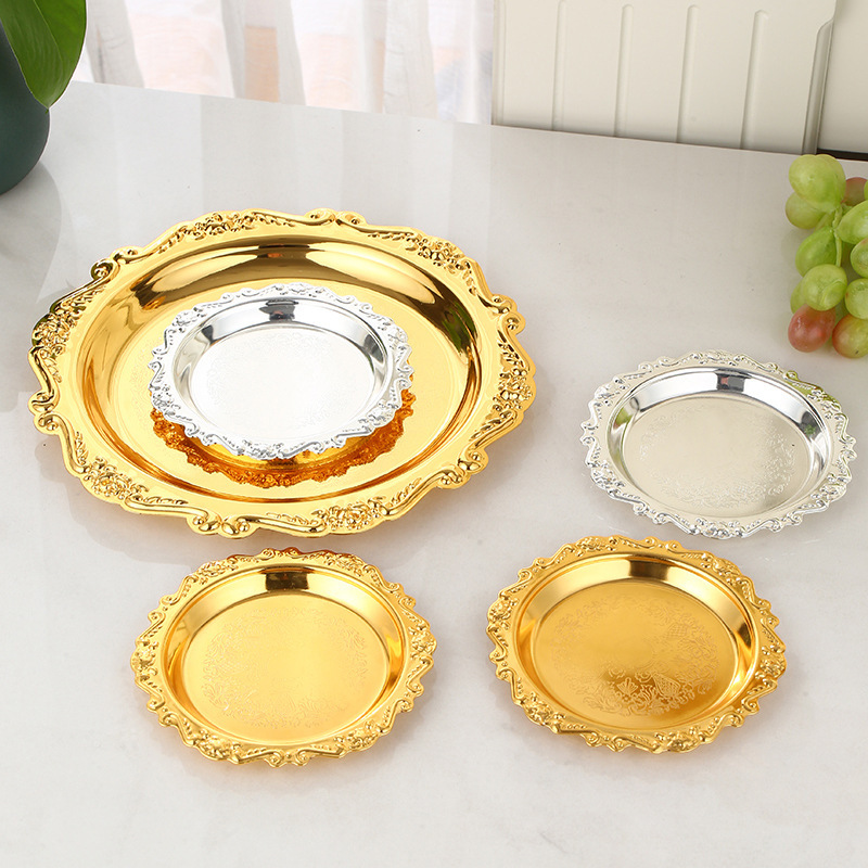 Iron Golden Embossed Small Tray Fruit Snack Cake Plate Decorative Plate Tea Cup Holder Jewelry Storage Plate Dessert Table