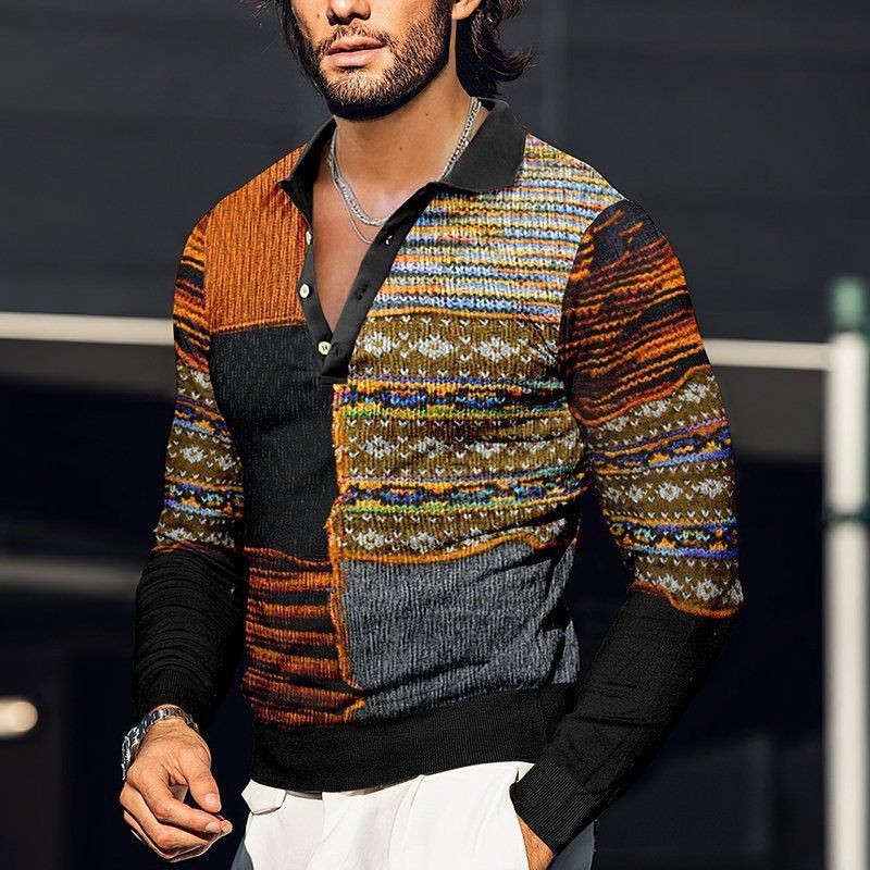 Man's clothing Trend 3D digital print Polo shirt loose trend long sleeve button_voghion.com