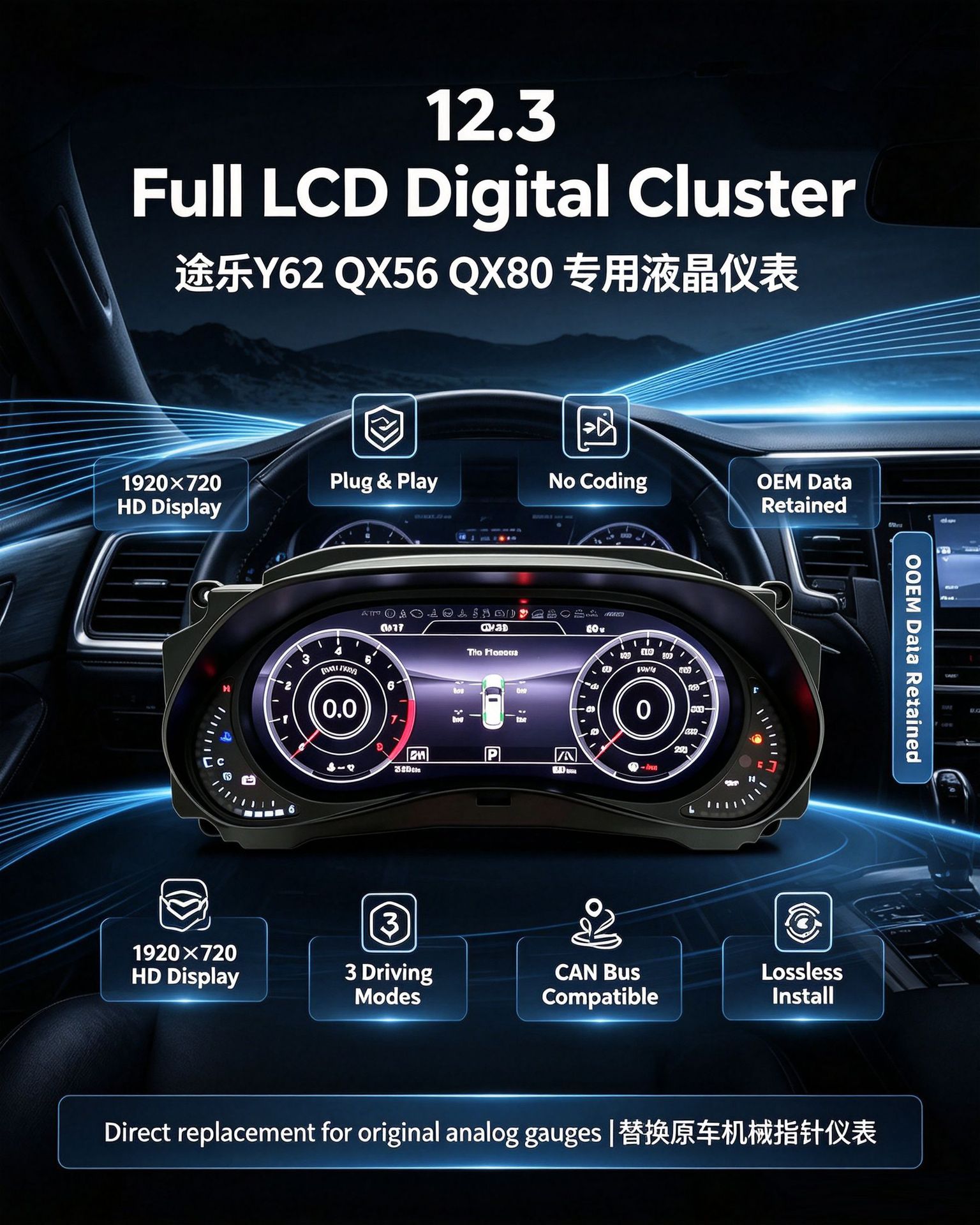 Suitable for Nissan Patrol Y62 and Infiniti Qx Series Modification and Upgrade to Full Lcd Instrument Panel 12.3inch