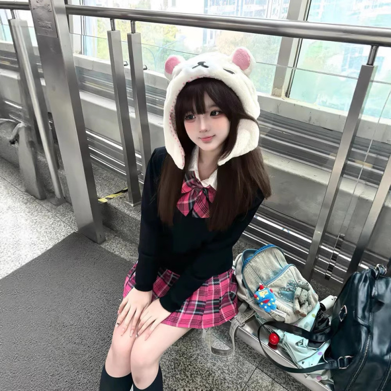 Jk Uniform Set, Small Chili Red Plaid Skirt, Long-Sleeve Shirt, Sweater, Japanese School Style, School-Supply Feel, Knitted Jacket