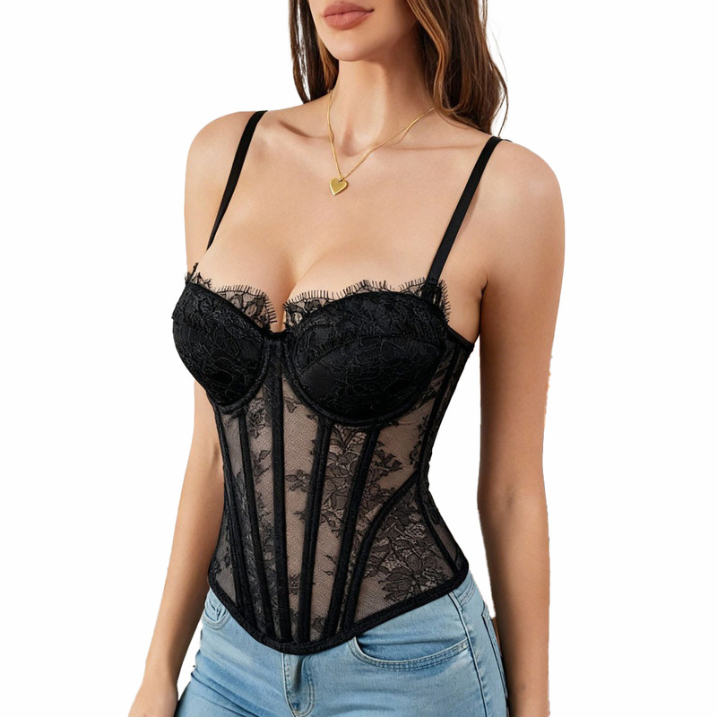 Cross-Border New Lace Printed Suspender Bra Solid Color Beautiful Back Off-Shoulder Party Party Stage Wear Fishbone Bra