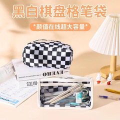 Transparent chessboard grid cute Instagram-style minimalist large-capacity student stationery and cosmetic storage bag for wholesale