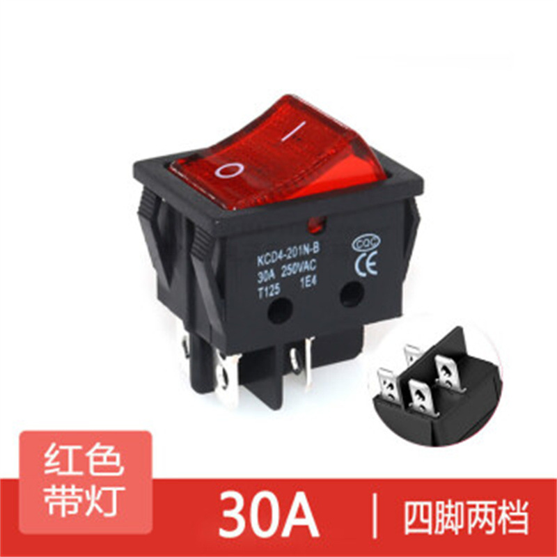 厂家直销KCD4大电流30A船型翘板开关4脚2挡6脚3挡带LED灯