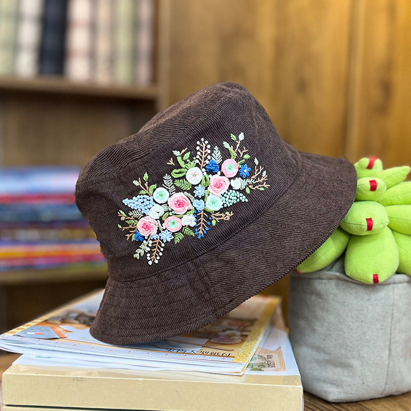 Lu bordado a mano diy sombrero de pescador sombrero de deportes para hombres y mujeres estudiantes sombrero de flores de dibujos animados casuales coreanos