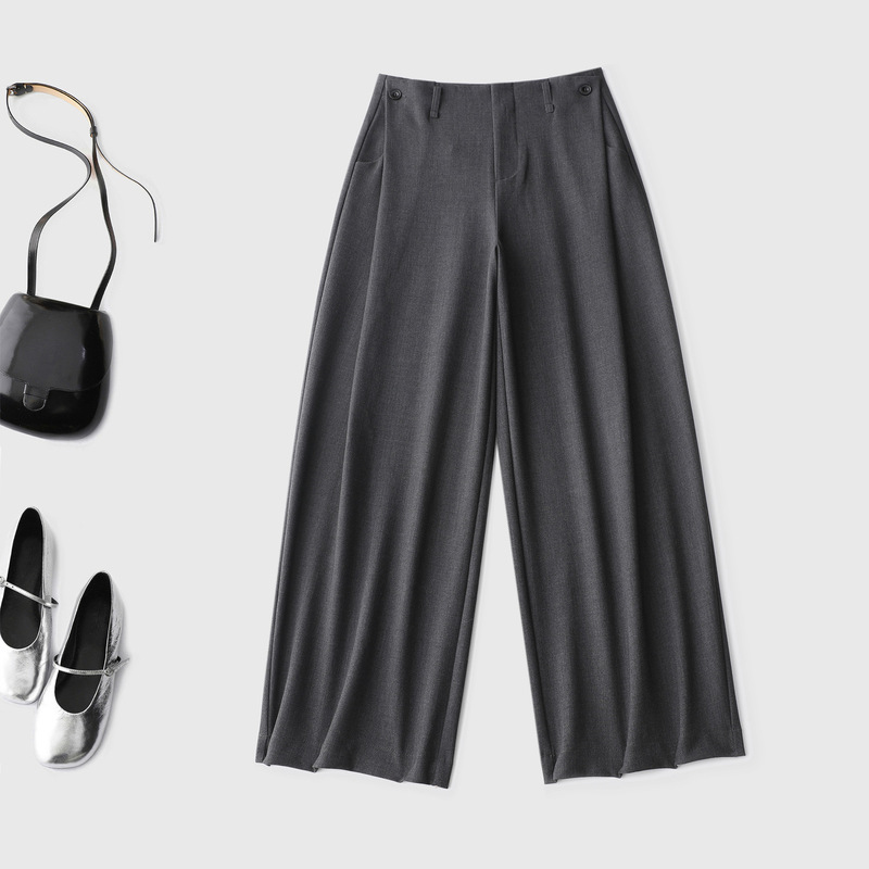 Old Money Style High-Waisted Pleated Wide-Leg Pants, Two-Button Straight Cut, Slimming Effect, Minimalist Commuter Look