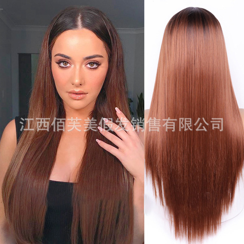 Cross-border foreign trade European and American wigs for women with medium parting, long straight hair, black and pink two-color chemical fiber wigs wigs manufacturer