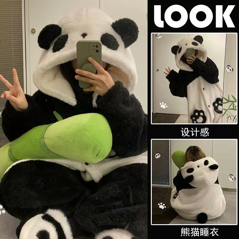 睡衣女小熊猫连体秋冬秋舒适新款天加厚睡衣睡袍加厚梭织纯棉兔毛