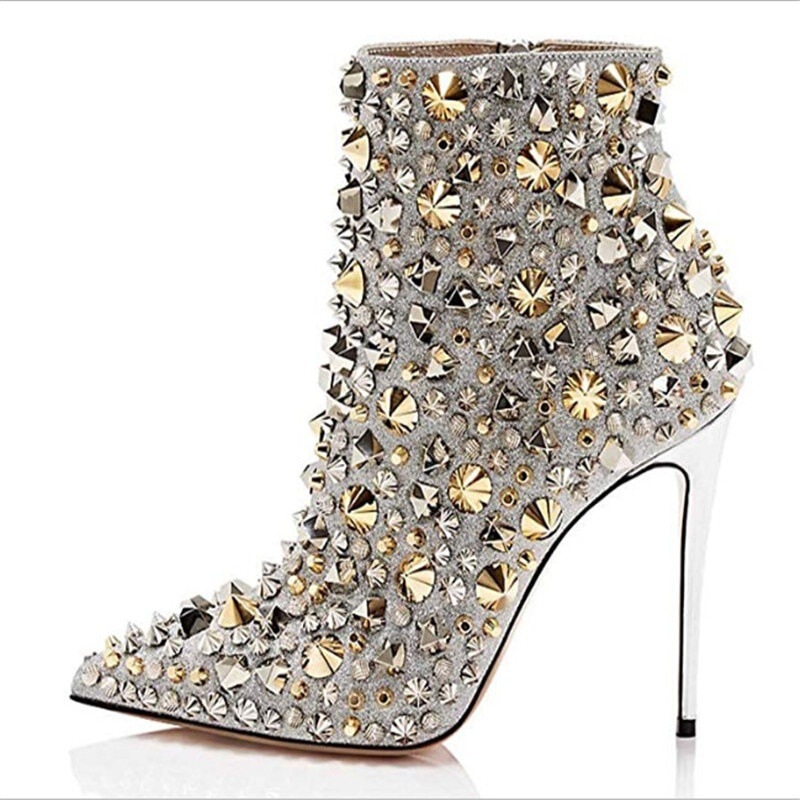 Black, Gold, and Silver European and American Fashion Stiletto Pointed Toe Zipper Ultra-High Heel Short Women's Boots Sexy Ankle Boots