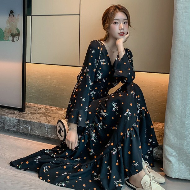 Korean Floral Chiffon Dress 2025 New Spring and Autum Long-Sleeved Sister Waist Mid-Length Platycodon Long Skirt