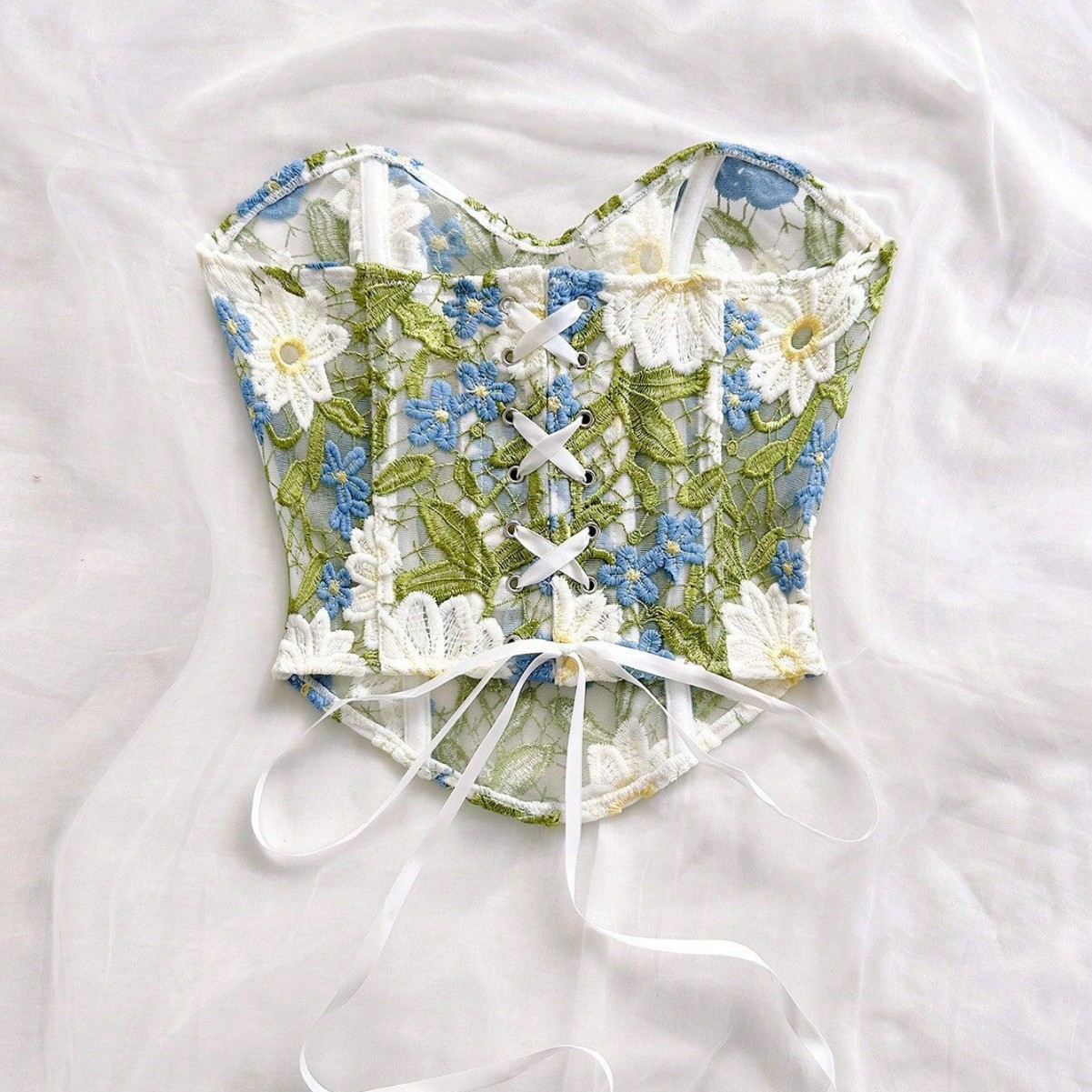 1 blusa de corsé en forma de corazón bordada con malla de malla de mujer y flores con hueso de pescado atado en la parte trasera image 2