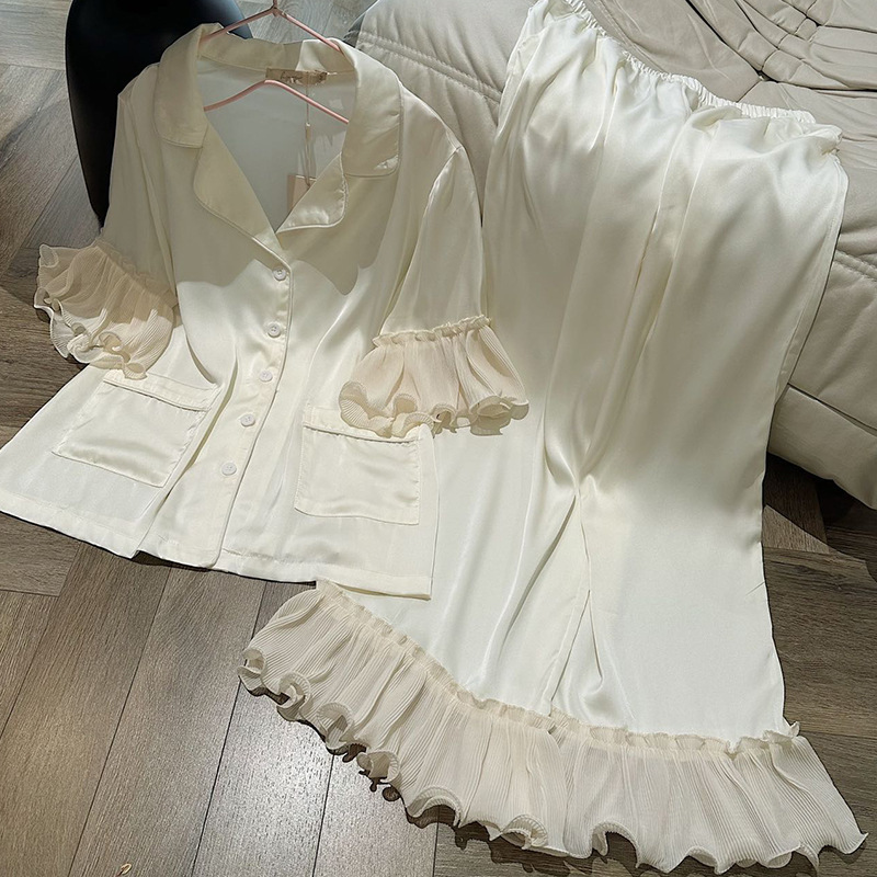 法式睡衣套装新品色丁衬衫睡衣女短袖长裤薄款宽松可外穿家居服|undefined