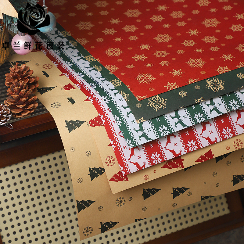 新款麋鹿包装纸雪花礼品礼物包花纸牛皮纸花店资材用品