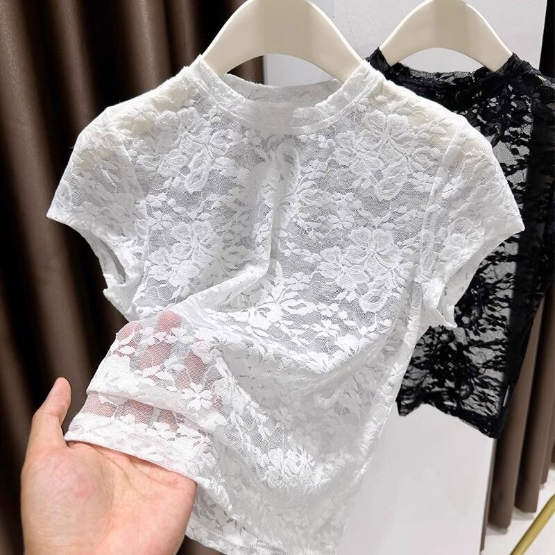 Lace Mesh Top for Petite Women, Fashionable Summer Short-Sleeve Base Shirt, New Pure Desire Style Hollow-Out Design