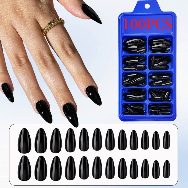 Cross-Border Popular 100 Pieces of Black Almond Manicure Patches Removable Pure Color Boxed Wearable Nails DIY Fake Nail Patches Cross-Border Popular 100 Pieces of Black Almond Manicure Patches Removable Pure Color Boxed Wearable Nails DIY Fake Nail Patches