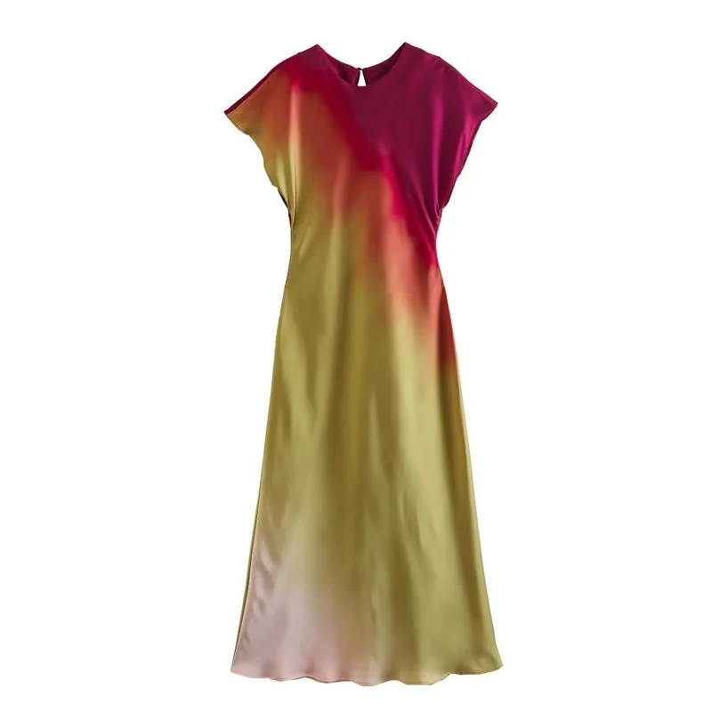 Streetwear Tie Dye Round Neck Sleeveless Polyester Satin Midi Dress A-line Skirt display picture 2