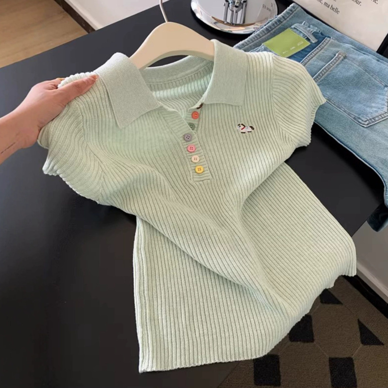 Green Embroidered Polo Collar Knitted Short-Sleeved T-Shirt for Women 2026 Summer New Style Slim Fit and Versatile Top A11649